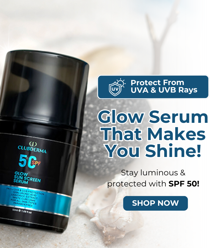 Club Derma's 50 SPF Sunscreen Protects you from UVA & UVB rays.